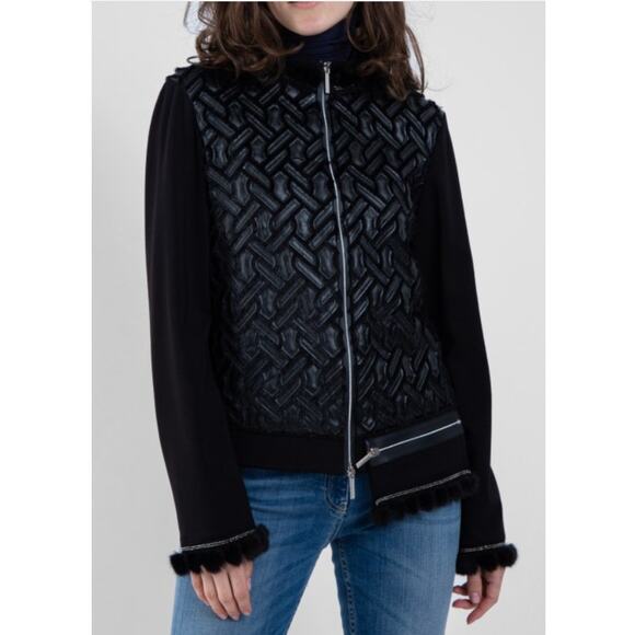 Save The Queen Jackets & Blazers - Save the Queen Italy Faux Leather Jacket Womens Medium Black Faux Fur Geometric